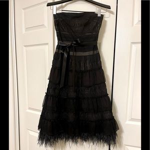 Vintage BCBG couture gown with feathers Black lace, ribbon, formal strapless